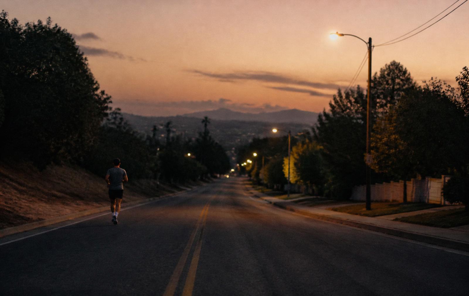 A lone runner on a quiet road at dusk